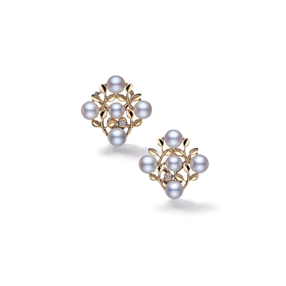 Mikimoto Olive Cluster Earrings set in 18K Yellow Gold with 3.75- 4.25mm Akoya Cultured Pearls and set with Diamonds. These earrings feature clip-post fittings.