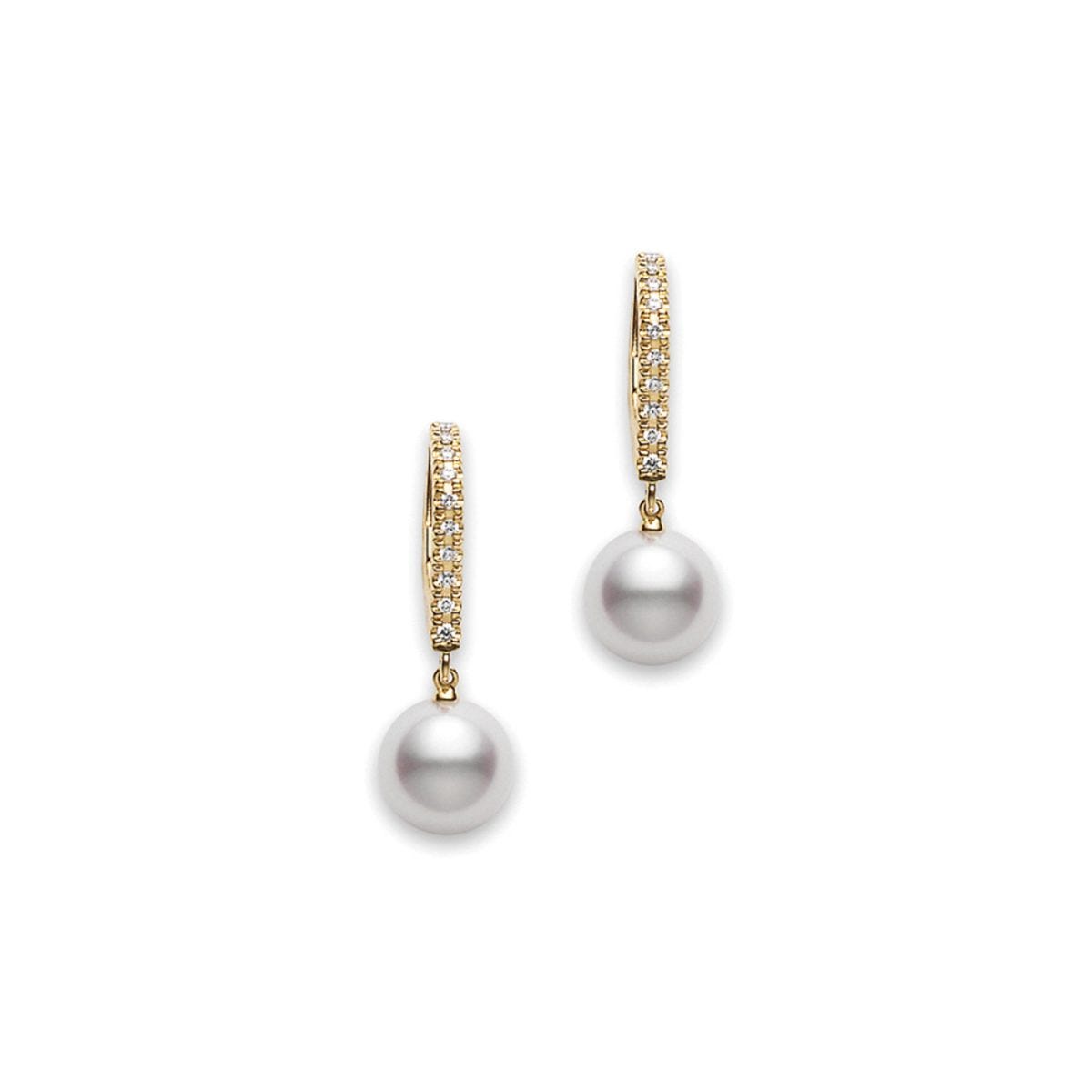 Mikimoto 18k Yellow Gold and Diamond Drop Pearl Earrings. Set with 7.5mm Ayoka Cultured pearls, these stunning drop earrings also feature 0.08ct diamonds, set along the 18k yellow gold drop. Complete any look in an instant with these timeless and elegant drop earrings from Mikimoto.