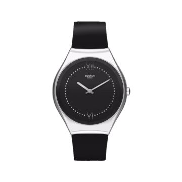 Swatch 38mm Irony Skinalliage Stainless Steel Black Leather Strap Watch.