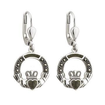 Solvar Sterling Silver Marcasite & Marble Claddagh Drop Earrings