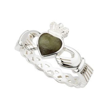 Solvar Sterling Silver & Connemara Marble Weaved Claddagh Ring Size 9