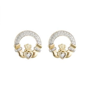 Solvar 14ct Yellow Gold Diamond Claddagh Stud Earrings