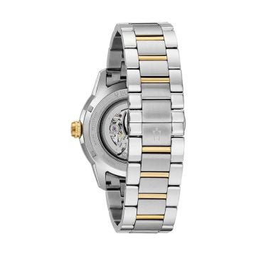 Photo of the Bulova Sutton 98A214 watch with a silver skeleton dial, stainless steel case with yellow gold PVD accents, automatic movement, offering a sophisticated and detailed design.