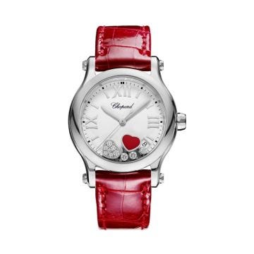Happy Sport 36mm, White Dial, Quartz Movement, Stainless Steel Case, Red Leather Strap Watch