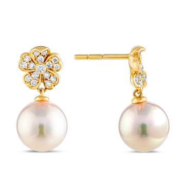 18k Yellow Gold Flower Diamond and Akoya Pearl Drop Earrings