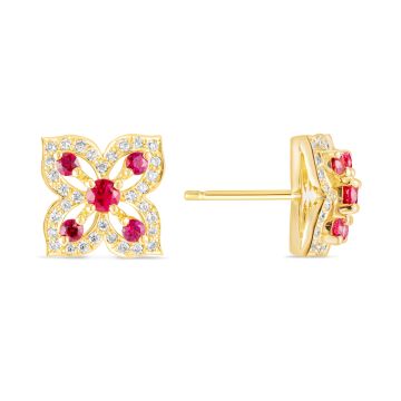 18k Gold, Ruby and Diamond Flower Design Earrings