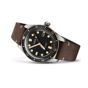 Divers Sixty-Five Date 42mm, Black Dial, Automatic Movement, Stainless Steel and Bronze Case, Brown Leather Strap Watch