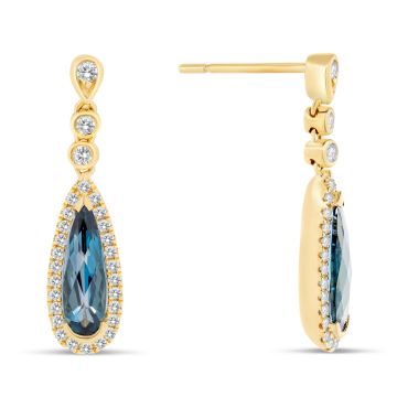 9k Yellow Gold Blue Topaz and Diamond Drop Earrings