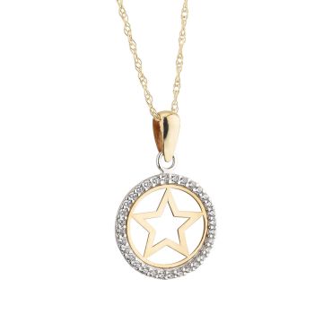 9K Yellow Gold Star In CZ Circle Pendant Necklace