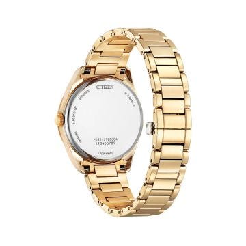 Photo of the Citizen Arezzo 35mm Eco-Drive watch with white dial, rose gold tone stainless steel case and bracelet, model EM0973-55A. A light-powered, elegant timepiece ideal for both casual and formal occasions.