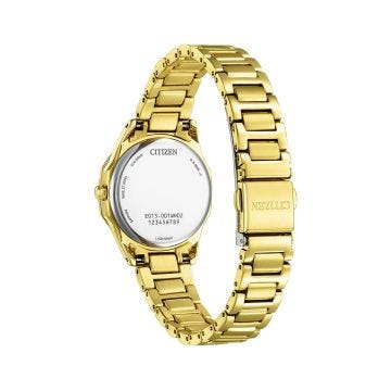 Photo of the Citizen Diamond Octavia 28mm Eco-Drive watch with black dial, gold tone stainless steel case, and diamond accents, model EW2652-55E. A sophisticated, light-powered watch that combines elegance with sustainability.