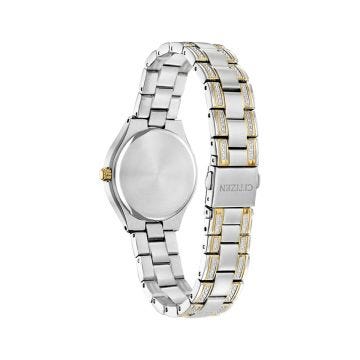 Photo of the Citizen Silhouette Crystal 30mm Eco-Drive watch with a mother of pearl dial, stainless steel and gold PVD case, model FE1234-50D. A luxurious, light-powered watch that combines timeless elegance with modern functionality.