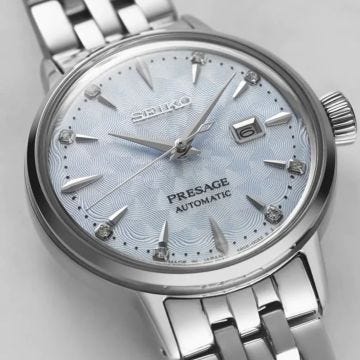 Seiko Cocktail Time Skydiving Diamond Twist, Presage 30.3mm, Blue Diamond-Set Dial, Automatic Movement, Stainless Steel Case, Stainless Steel Bracelet Watch sre007j1