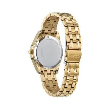 Photo of the Citizen Peyten 33mm Eco-Drive watch with champagne dial and gold tone stainless steel case, model EO1222-50P. A chic, light-powered watch that embodies sophistication and functionality, ideal for both casual and formal occasions.
