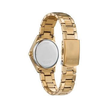 Photo of the Citizen Silhouette Crystal 30mm Eco-Drive watch with a champagne dial, gold tone stainless steel case, model FE1147-79P. A beautifully crafted, light-powered watch that blends elegance and modern functionality, perfect for any occasion.