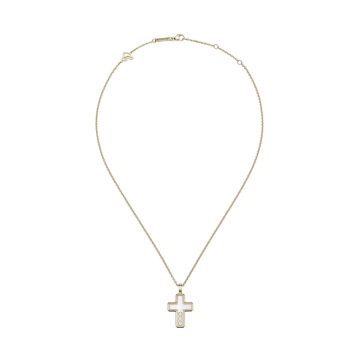 Close up photo of the Chopard Happy Diamonds 18k Yellow Gold Cross Pendant Necklace featuring a classic cross design with a freely moving diamond encased in sapphire crystal, suspended from a delicate gold chain 79A409-0001