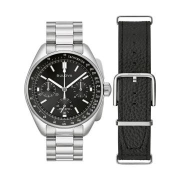 Photo of the Bulova Lunar Pilot 96K111 watch featuring a sharp black dial, stainless steel case, and quartz movement, designed for a space-inspired look