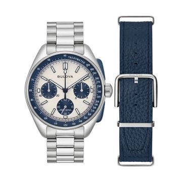 Phot of the Bulova Lunar Pilot 98K112 watch with a clean white dial, stainless steel case, and quartz movement, inspired by space exploration