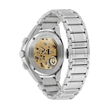 Photo of the Bulova Curv 96A297 quartz watch with a striking green dial, stainless steel case