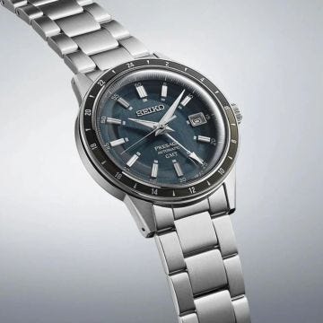 Seiko Petrol Blue Style 60s Road Trip GMT, Presage 40.75mm, Blue Dial, Automatic Movement, Stainless Steel Case, Stainless Steel Bracelet Watch SSK009J1