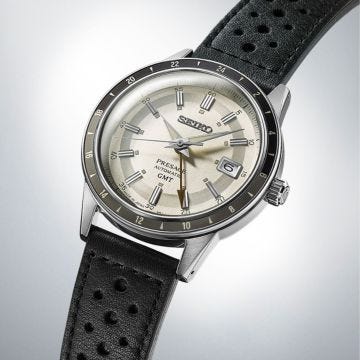 Seiko Stone Style 60s Road Trip GMT, Presage 40.75mm, Grey Dial, Automatic Movement, Stainless Steel Case, Leather Strap Watch SSK011J1