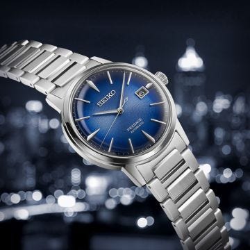 Seiko Cocktail Time The Aviation, Presage 39.5mm, Blue Dial, Automatic Movement, Stainless Steel Case, Stainless Steel Bracelet Watch srpj13j1