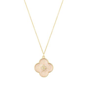 N9ne 9k Yellow Gold Cream  Enamel CZ Centre Flower Pendant Necklace