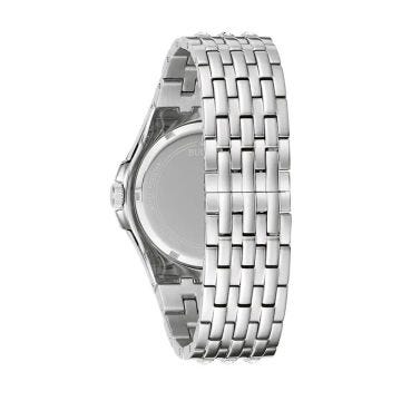 Photo of the Bulova Phantom 96A254 watch with a vibrant blue dial, stainless steel case, and crystal accents.