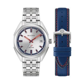 Photo of the Bulova LIMITED EDITION Jet Star 96K112 watch with a sleek silver dial, stainless steel case, and quartz movement.