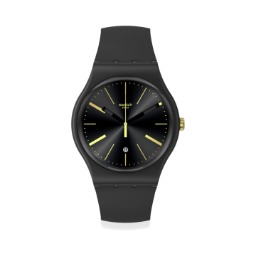 Swatch Holiday Collection A DASH OF YELLOW 41mm, Round Black Dial, Quartz, Black Case, Black Strap Watch