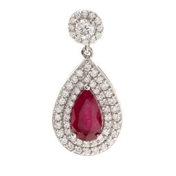 Weir Collection Platinum Ruby and Diamond Halo Drop Earrings. Image one