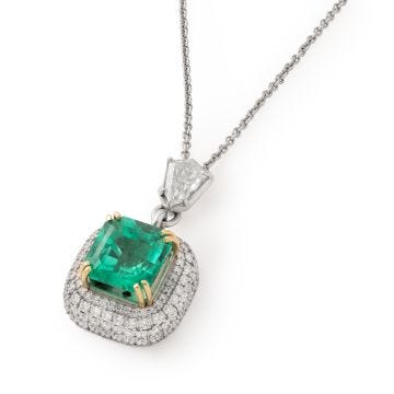 18k Yellow Gold Platinum 5.45ct Emerald and Diamond Pendant