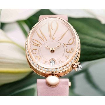 Reine De Naples 36.5x28.4mm, Pink Dial, Self Winding Movement, 18k Rose Gold Diamond Set Case, Calfskin Leather Strap Watch