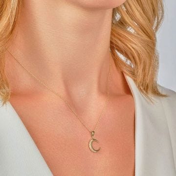N9ne 9k Yellow CZ Edged Moon Pendant Necklace
