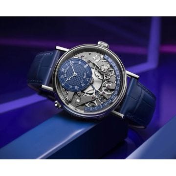 Tradition Quantième Rétrograde 40mm, Blue Dial, Manual Winding, 18k White Gold Case, Blue Leather Strap Watch