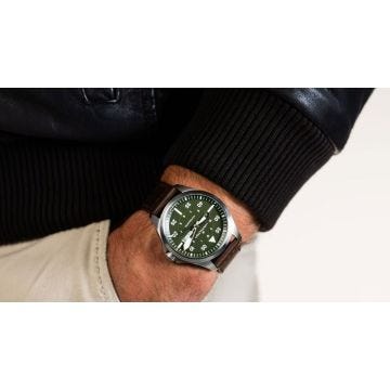Khaki Aviation Pilot Day Date 42mm, Green Dial, Automatic Movement, Stainless Steel Case, Brown Leather Strap Watch
