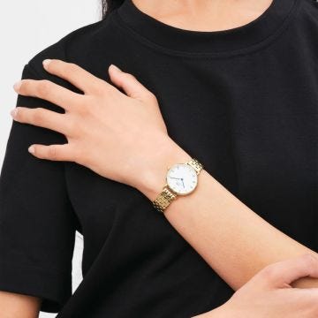 Petite Roman Numerals 5-Link White Dial 28mm Quartz Gold Stainless Steel Watch