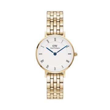 Petite Roman Numerals 5-Link White Dial 28mm Quartz Gold Stainless Steel Watch