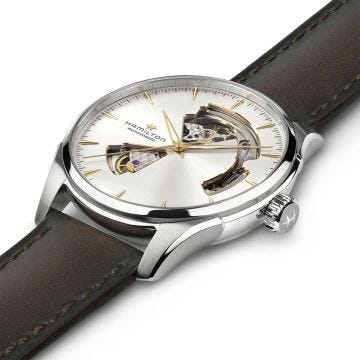 Photo of the Hamilton Jazzmaster Open Heart 40mm, Silver Dial, Automatic Movement, Stainless Steel Case, Brown Leather Strap Watch H32675551