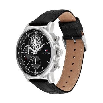 Tommy Hilfger Heren Horloge Mens 44mm Black Dial Quartz Movement Leather Strap Watch