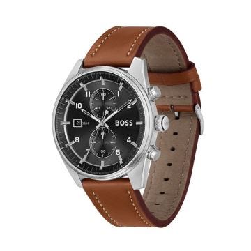 Skytraveller 44mm Black Dial Quartz Movement Leather Strap Watch