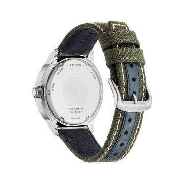 Photo of the Citizen Weekender 42mm, Black Dial, Stainless Steel Case, Green Fabric Strap, Eco-Drive Watch BM8590-10E