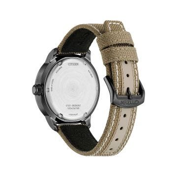 Photo of the Citizen Weekender 42mm, Brown Dial, Stainless Steel Case, Beige Fabric Strap, Eco-Drive Watch BM8595-16H