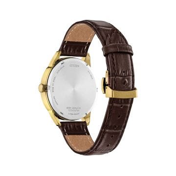 Photo of the Citizen Rolan 40mm, Black Dial, Gold Tone Stainless Steel Case, Brown Leather Strap, Eco-Drive Watch BU2112-06E