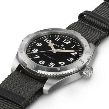 Photo of the Hamilton Khaki Field Expedition 41mm, Black Dial, Automatic Movement, Stainless Steel Case, Grey Textile Strap Watch H70315930