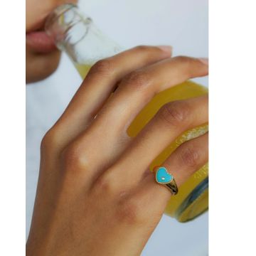Yvonne Léon 9K Yellow Gold sz48 Baby Chevalière Coeur Turquoise or Jaune