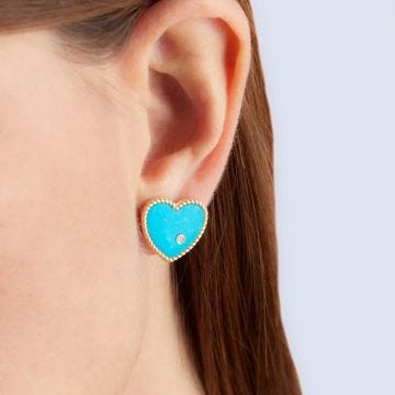 9k Paire De Puces Coeur Turquoise Or Jaune Earrings