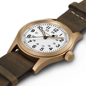 Photo of the Hamilton Khaki Field Mechanical 38mm, White Dial, Bronze and Titanium Case, Brown Leather Strap Watch H69459510