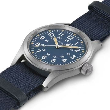 Photo of the Hamilton Khaki Field Mechanical 38mm, Blue Dial, Stainless Steel Case, Navy NATO Strap Watch H69439940