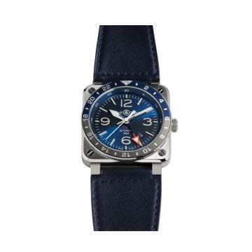 Bell & Ross BR 03 GMT 42mm, Blue Dial, Automatic Movement, Steel Case, Blue Calfskin Leather Strap Watch. Image one